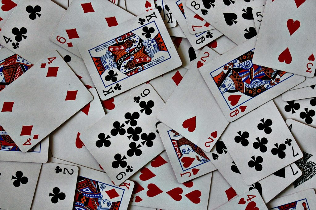 A pile of playing cards.